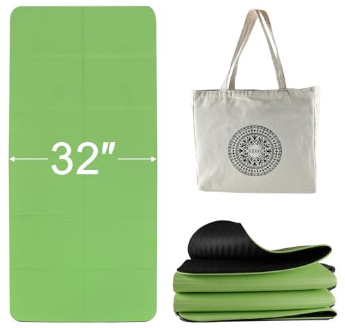 iodoo Foldable Yoga Mat 72 L x 32 W x 0.32 Inch Extra Thicked and Wided, Folding Yoga Mat for Travel with Canvas Carrying Bag, Non-Slip TPE Exercise Pilates Mat (Black-Green)