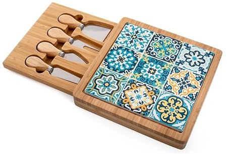 Set di Formaggio con Tagliere in Legno, Coltelli da Formaggio, Motivo Maiolica Blu e Giallo, Vassoio per Servire