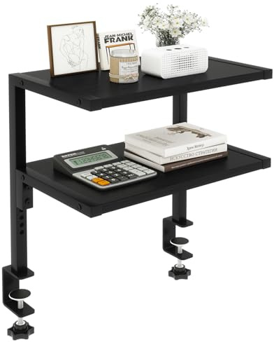 IBUYKE Mensola organizer da scrivania con morsetto, 32,8 cm, ripiani regolabili sopra o sotto la scrivania, 2 ripiani per accessori da scrivania, nero, TMZ007B