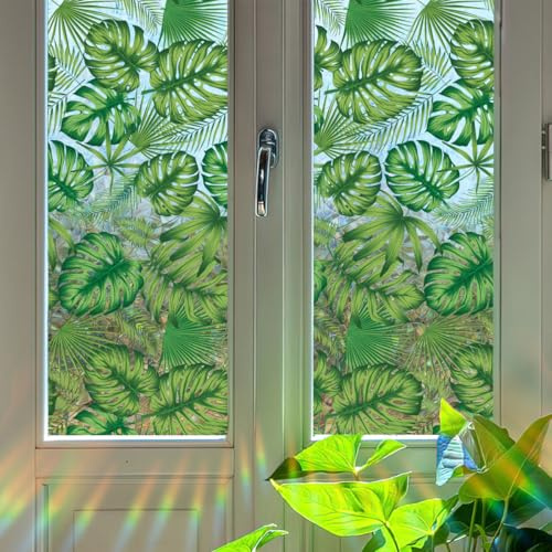 Runtoo Pellicola per la privacy per finestre, motivo foglie verdi arcobaleno, adesivo statico non adesivo, 40 x 101,6 cm