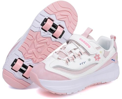 Mateju Kids Roller Skate Shoes for Girls Boys Skateboarding Skates with 4 Wheels Removable Parkour Shoes, Flowers Unisex Outdoor Skating Sneakers for Children Walking Sports (Pink,12.5)
