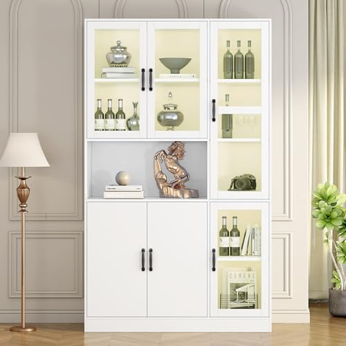 Kebnor Vitrina blanca, estanterías con puertas, estanterías de pie para libros, aparador de cocina grande, armario de despensa, estantería de lujo con luz LED, armario de vitrina con estantes (120 x