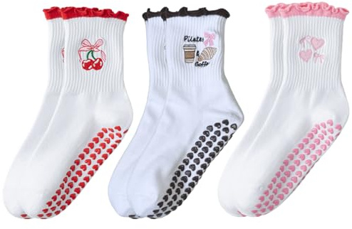 3 Pairs Cute Pilates Socks for Women, Grippy Yoga Sock with Silicone Grip, Non Slip Yoga Socks with Embroidery Pattern, Comfortable and Breathable, Perfect for Pilates, Fitness, Home Workout (A)