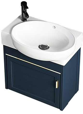 Juego de tocador de baño compacto con diseño de esquina de fregadero, lavabo pequeño montado en la pared, armario de baño que ahorra espacio para espacios pequeños, elegante combinación de lavabo.