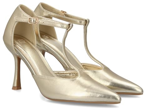 shoes&blues.es 94911 Stiletto de Tacon Fino Diseno Elegante. Zapato de Salon con Tacon Alto y Punta Fina con Hebilla y Diseno en T. Ideal Otono Invierno. Oro Talla 36