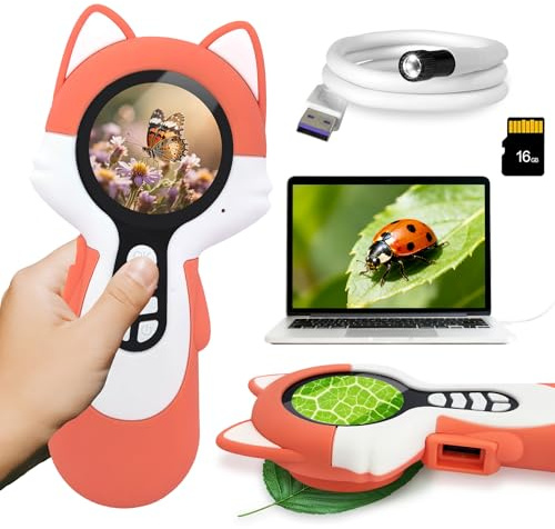 2 in 1 Digital Microscope for Kids with Endoscope, Learning Toy for Children, Ideal Gift for Kid, Christmas Stocking Stuffers for Kids, Dual-Lens, Fox