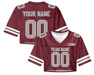 Maillot de Football Américain Personnalisé Nom/Numéro Femmes, Tenue de Pom-Pom Girl, Crop Top Y2K Streetwear Filles, Haut Court Manches Courtes Encolure V – Trendy pour Pom-Pom/Fans