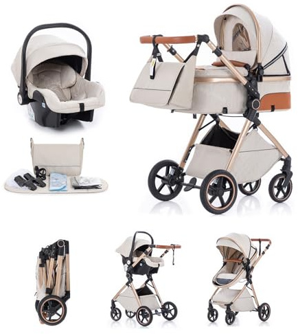 Kakbgee Cochecito 3 en 1 con Silla de Coche, Carrito bebé Plegable, Manillar 7 Alturas, Suspensión 4 Ruedas, Funda de Lluvia y Mosquitera, Sistema de Viaje para Recién Nacidos 0-3 Años (15kg), Beige