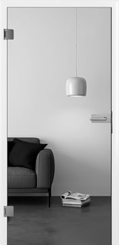 Hochwertige Ganzglas Wohnraumtür mit Zarge und Griff, ESG 8mm, Klar-/Milchglas, Weiße Zarge mit Durat®-Oberfläche, Höhe 1985 mm (Klarglas, Breite 1010 mm I DIN-Links I Maulweite 160 mm)