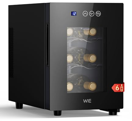 WIE Vinoteca Pequeña 6 Botellas - Mini Frigorífico con Puerta de Cristal 4–16°C, Enfriador de Vino con LED, Panel Táctil, 3 Niveles, <42 dB, para Casa, Bar, Dormitorio