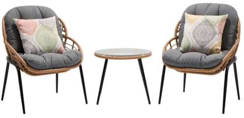 ZIK - Salon de jardin en rotin synthétique et acier revêtu par pulvérisation, ensemble canapé de jardin pour extérieur, 2 fauteuils et table basse ronde (coussins inclus) ameublement maison, terrasse