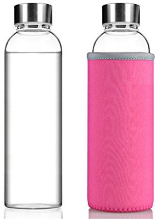 Hmilydyk Gourde d'eau portable en verre avec manchon en nylon, GUGLASSBT-420-pink, rose, 420ml
