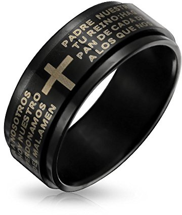 Bling Jewelry Anillo Giratorio de Acero Inoxidable Negro Personalizado Unisex Religioso Padre Nuestro Cruz para Hombres Mujeres Adolescentes.