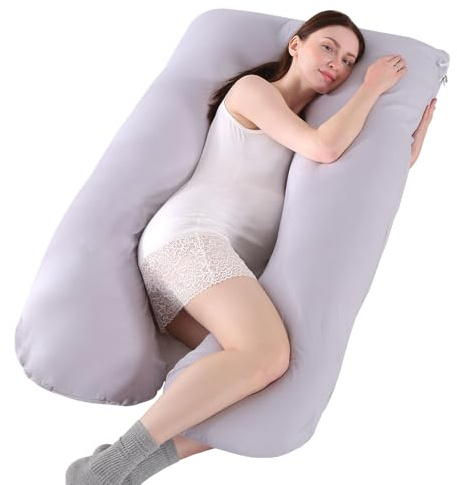 SHANNA Cuscino Gravidanza per Dormire, Cuscino Allattamento Neonato a Forma di U, 100% Cotone Cuscini per maternità e il Corpo Laterale con Federa Sfoderabile e Lavabile, 145 x 70cm(Grigio Chiaro)