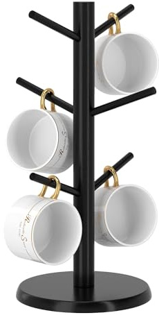 Coffee Mug Holder with 6 Hooks, Bamboo Mug Tree Stand for Countertop, Black