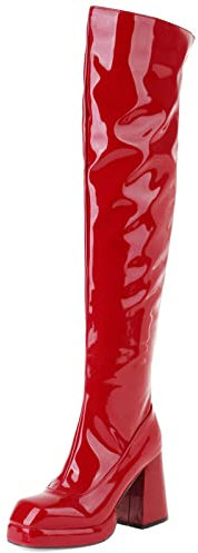 MJIASIAWA Donna Festa Sopra Il Ginocchio Moda Tacco Chunky Plateau Warm Vernice Prom Boots Vestito Inverno Serata Stivali Equitazione Zip Rosso Numero 41 EU/43 Asiatico