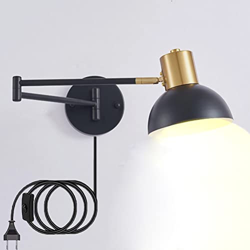 Wandleuchte mit Schalter Drehbar Schwarz 2 Langer Arm Wandlampe mit Kabel und Stecker Schwenkbar Verstellbar Metall Schirm Wandstrahler Schlafzimmer Nachttischlampe Wand-Leselampen E27 Wandbeleuchtung