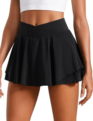 CRZ YOGA Crossover-tenniskjol med hög midja | Inbyggda shorts med fickor, snabbtorkande, avslappnad, dubbel volang, böljande, mini, skort för kvinnor