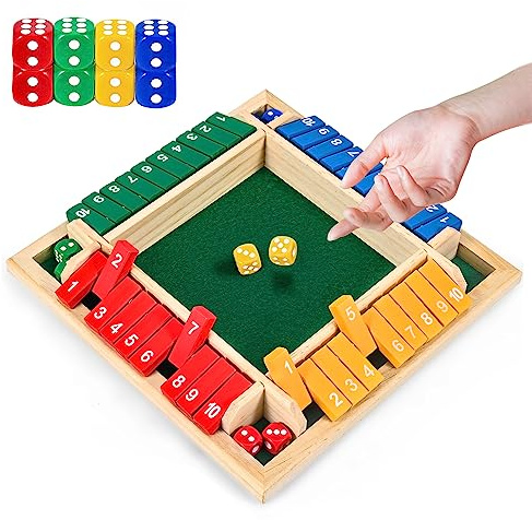 CRETVIS 1-4 Players Shut The Box Dice Game, 10 Numbers Traditional Wooden Pub Bar Board Family Table Mat Game Dice for Adults