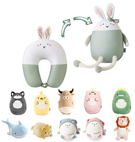 JOYRAVO 2-in-1 Travel Pillow for Kids - Soft and Adorable Animals Plushie That Converts into a U-Shaped Neck Pillow for Ultimate Comfort During Airplane, Train, Bus Trip -Green Rabbit