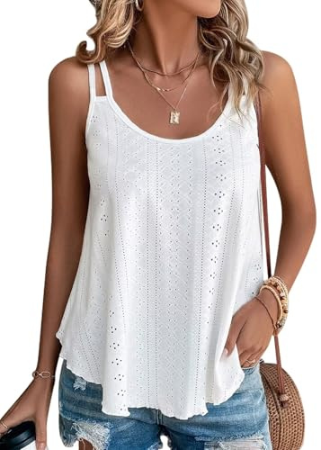KKJ Womens Cute Tank Tops Sleeveless Spaghetti Strap Scoop Neck Loose Casual 2026 Spring Summer Beach Vacation Flowy Shirts White