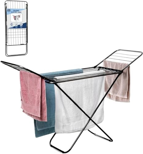 CUQOO Foldable Airer - Compact Clothes Drying Rack, Winged Heavy Duty Indoor Airer, Outdoor Clothing Drying Rack w/ 22 Bars, Large Stainless Steel Laundry Clothes Horse Black
