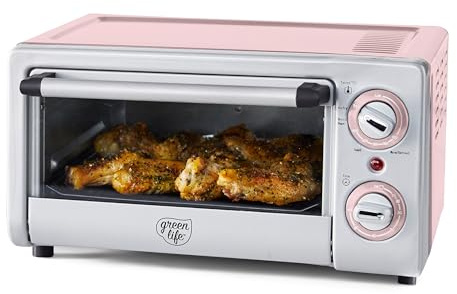 GreenLife Countertop Toaster Oven Air Fryer Stainless Steel, Healthy Ceramic Nonstick, PFAS Free, Tray & Basket, Bake, Broil, Reheat, Adjustable Temp & Time Control, Auto Shutoff, Pink