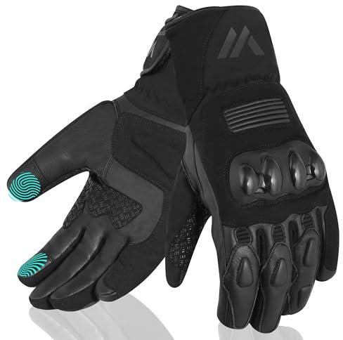 WESTWOOD FOX Motorradhandschuhe für Damen und Herren. Winter-Motorradhandschuhe aus wasserdichtem Thermo-Touchscreen-Leder für BMX, ATV, MTB-Rennen und Outdoor-Aktivitäten. SCHWARZ, L