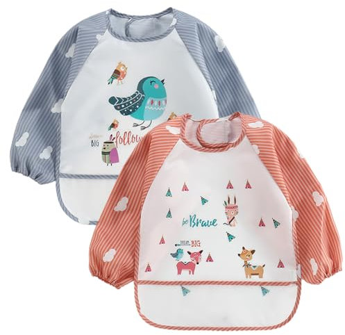 OIGWBPH 2 st babyhaklappar med långa ärmar med stor ficka vattentät barnhaklapp baby haklapp set för småbarn baby haklapp med ärmar för 0–36 månader barn för mat hantverk målning konst