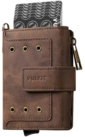VULKIT Leather Card Holder Wallet for Men RFID Blocking, ID Window, Zipper Pocket for Coins and Compartment for Bills/Banknotes, Coffee Brown