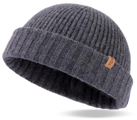 TOP-EX XL/XXL Mens 100% Merino Wool Fisherman Beanie for Women Trawler Beanie Winter Hat Warmer Knitted Cuffed Hat Grey M/L