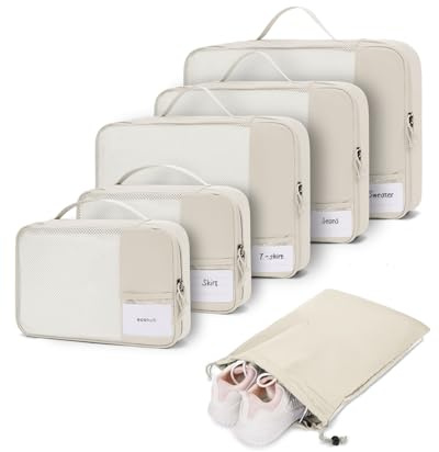ECOHUB 6 Piezas Organizador Para Maletas, Organizadores De Viaje Con Etiqueta, Packing Cubes Recicladas Para Mochilas, Organizadores De Embalaje De Equipaje De Malla Antidesgarro(beige)