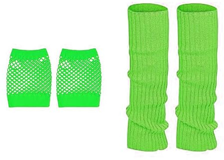 ASFWAGQ Lot de 2 jambières élastiques et gants en maille fluo - Chaussettes chauffe-jambes - Gants en résille - Jambières tricotées pour l'hiver - Accessoires de costume des années 80