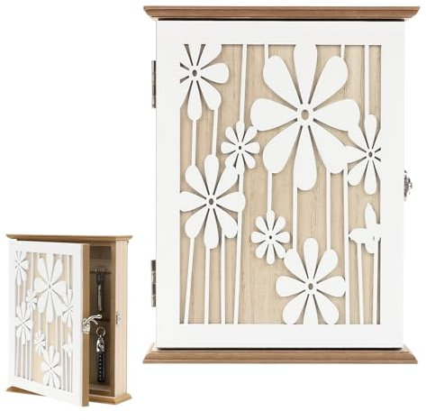 mumisuto Cassetta Portachiavi da Parete in Legno, Portachiavi da Muro con 6 Ganci, Porta Chiavi Ingresso Casa con Motivo Floreale Bianco, per Corridoio d'ingresso Camera da Letto, 26 x 20 x 6 cm