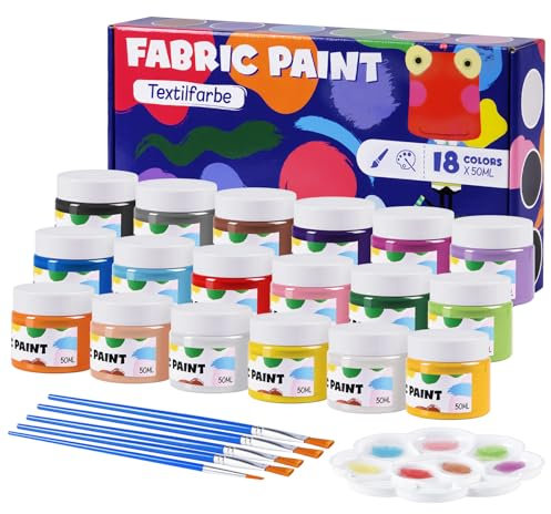 BLISSIQUEE Fabric Paints Permanent for Clothes, 18 Colors Acrylic Paint Set 50ml（1.76oz） with Brushes, Palette, Textile Paint Set Washable for Art,Shoe,T-Shirts, Bags, Jeans, Canvas