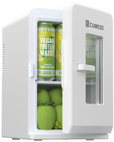 Cumeod 15 Liter/ 21 Dosen Mini Kühlschrank, 2 in 1 Kleiner Kühlschrank mit Kühl- und Heizfunktion, 12V DC/220V AC für Autos, Büros und Schlafsäle, Getränke, Kosmetik, Schwarz, Max- & Eco-Modus, Weiß