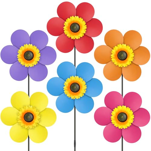 DECEED 6PCS Sunflower Wind Spinners with Stakes 14 W x 29 H Wind Spinners Lawn Pinwheel Rainbow Windmill Outdoor Pinwheels for Yard Decoration（Multicolor）