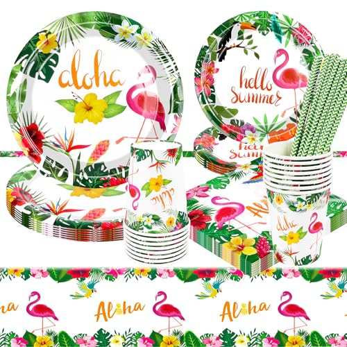 Juego de vajilla de fiesta de flamenco, plato de papel decorativo para cumpleaños de niños con flamenco, piña para vacaciones, verano, decoración para niños y niñas, fiestas, 16 invitados