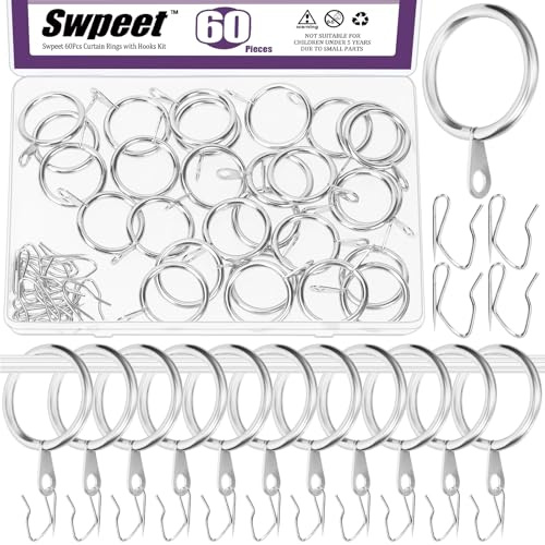 Swpeet Set di 60 anelli per tende in metallo argentato, diametro interno 25 mm, con ganci per tendaggi a spillo, kit assortito, ganci per tende scorrevoli in metallo, per tende da doccia