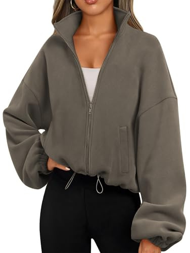 Famulily Womens Drawstring Hem Long Sleeve Crop Sweatshirt Tops Full Zip Fleece Short Jacket with Pockets S to XL