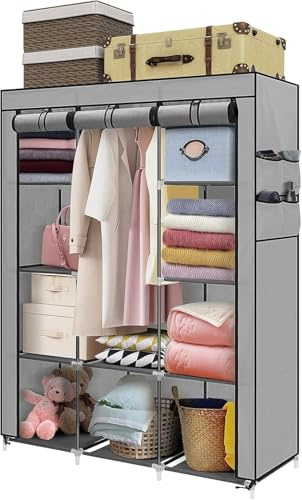 Large Foldable Wardrobe with 6 Shelves & Hanging Rail (135x47x175cm) - Fabric Clothes Storage Organiser with 4 Side Pockets - Portable Hanging Closet for Bedroom (Gray)