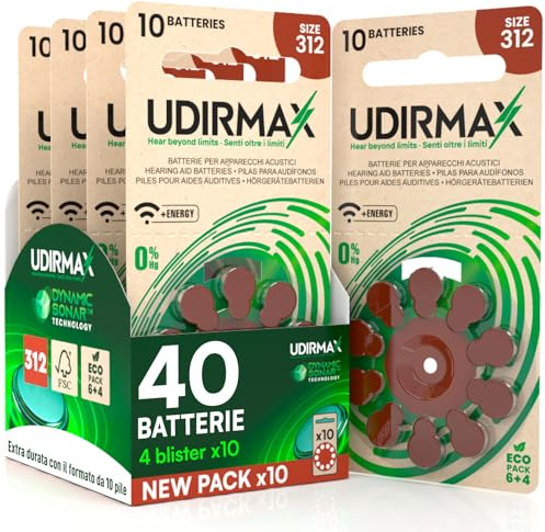 40 Pilas para Audífonos PR41 Tamaño 312 (Marrones) Udirmax Zinc-Aire 0% Mercurio 1,45V con Tecnología Dynamic Sonar Eco Pack - 4 Blísteres Ecológicos de 10 Pilas