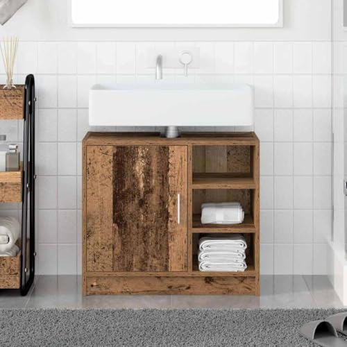 KTHLBRH Armoire de lavabo en bois rustique avec portes lisses et grand rangement pour salle de bain, meuble de salle de bain écologique, rectangulaire et résistant pour décoration moderne, surface