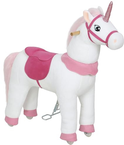 AIYAPLAY Caballo de equitación con ruedas para montar a caballo, con diseño de unicornio, caballo de peluche para 4-7 niños, color blanco