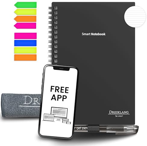 Dreiklang – be smart Wiederverwendbares Digitales elektronisches Notizbuch A 4 als Notebook mit Planer -iOS/Android App Cloud - Wiederbeschreibbar mit 2 Stiften, Mikrofaser-Tuch und Haftnotizen