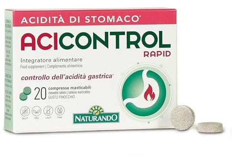 Naturando Acicontrol Rapid complemento alimenticio para el Control del Ácido gástrico y Eliminación de los Gases Intestinales con Grosella espinosa india,Plátano y Hinojo - 20 Comprimidos