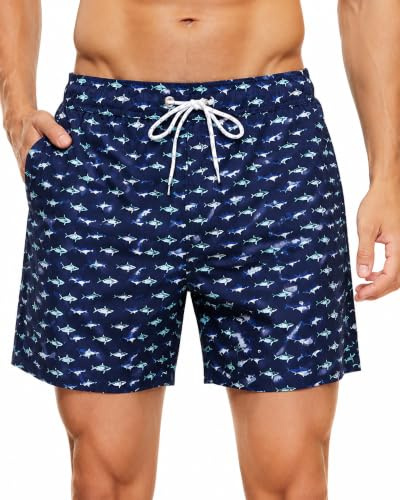 HLVEXH De los Hombres Nadar Bañador Corto Secado rápido Impermeable Playa Pantalones Cortos con Bolsillos Armada Pescado Azul Medio
