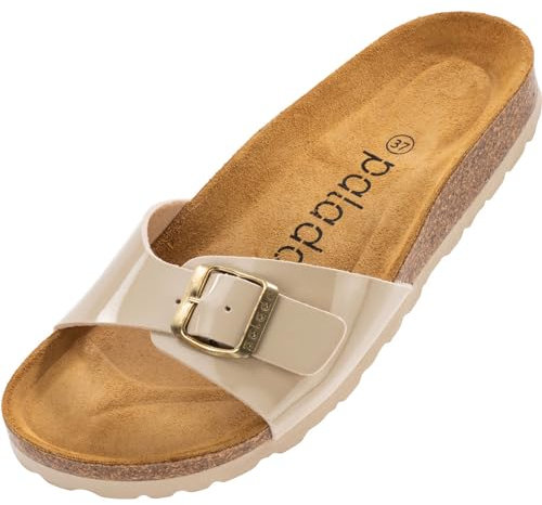 Palado Damen Pantoletten Malta - extra bequeme Sandalen - modische Hausschuhe mit Natur Kork - Made in EU - Sandaletten mit Sohle aus feinstem natur Leder Lack Creme Beige 42 EU