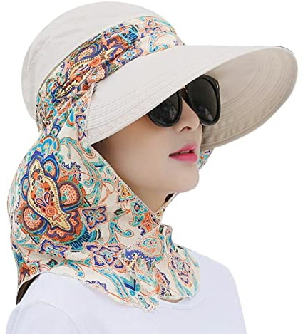 LONTG Femme Chapeau de Soleil Pliable Anti-UV Casquettes Visières Large Bord UPF 50+ avec Protecteur de Cou Détachable Capeline de Camping Pêche pour Cyclisme Vélo Randonnée Voyage Plage