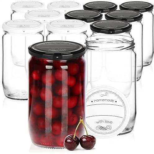 com-four® 12x Einmachgläser mit Schraub-Deckel Homemade with love in schwarz und weiß - TO Ø 82 mm - bis zu ca. 720 ml